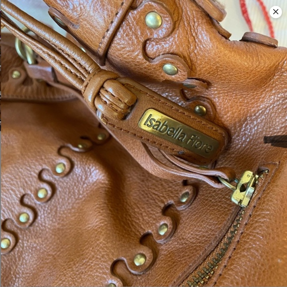 Isabella Fiore Carina Metal of Honor Stud Muffin Hobo Cognac Leather Bag - Picture 6 of 10